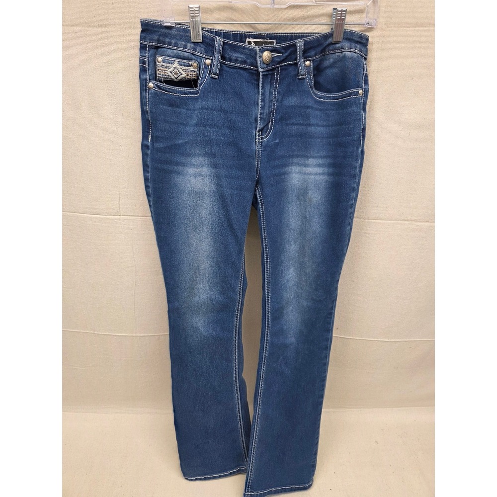 Soundgirl Embroidered Flap Pocket Bootcut Jeans Medium Wash Blue Denim Size 7